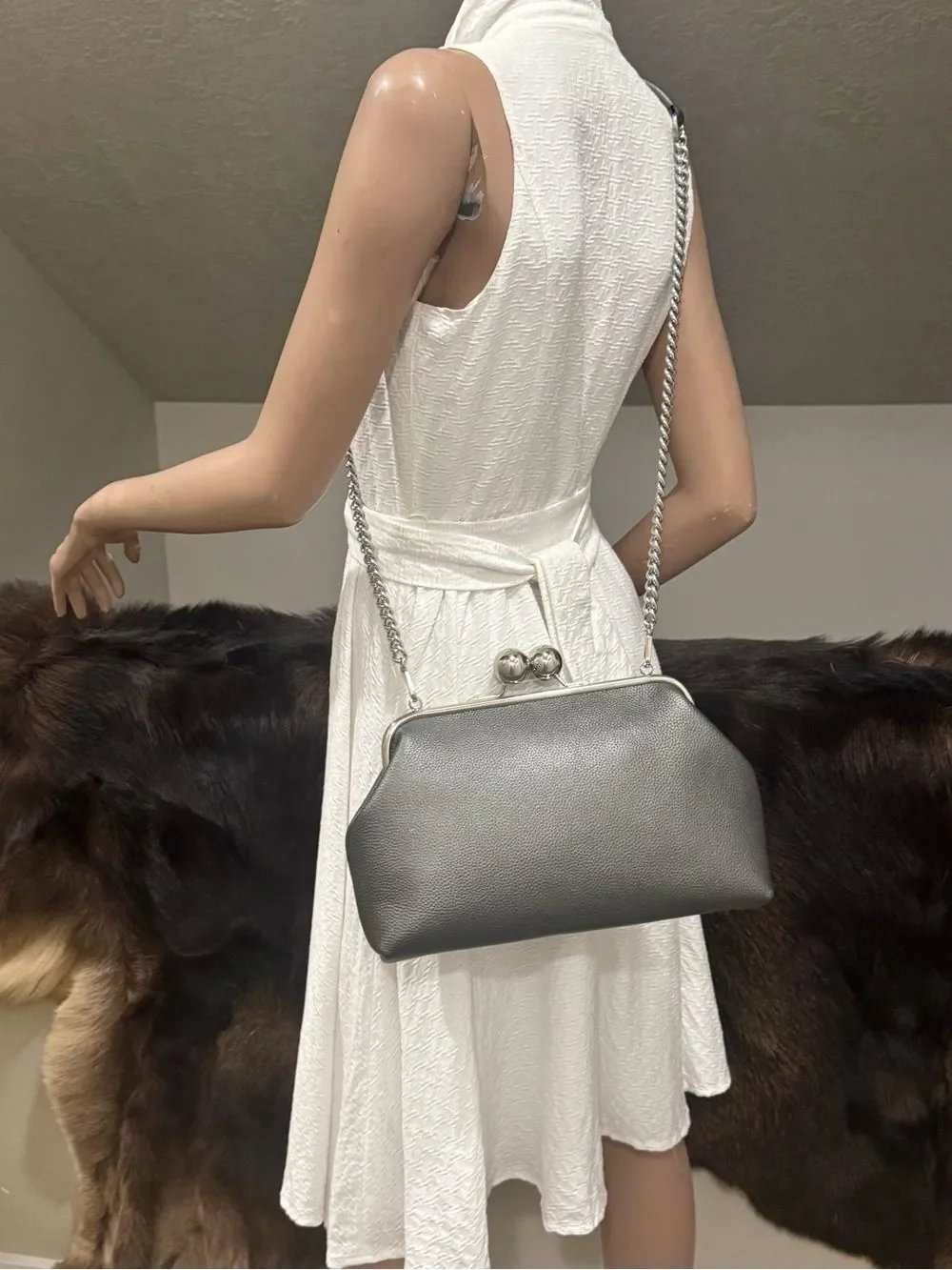 Gray Togo Cowhide Calfskin Handmade Retro Style Kisslock Frame Bag, Large Size